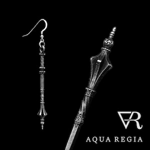 May include: A pair of silver earrings with a black, ornate design. The earrings are shaped like a long, thin rod with a pointed tip and a decorative top. The earrings are hanging from a silver hook.