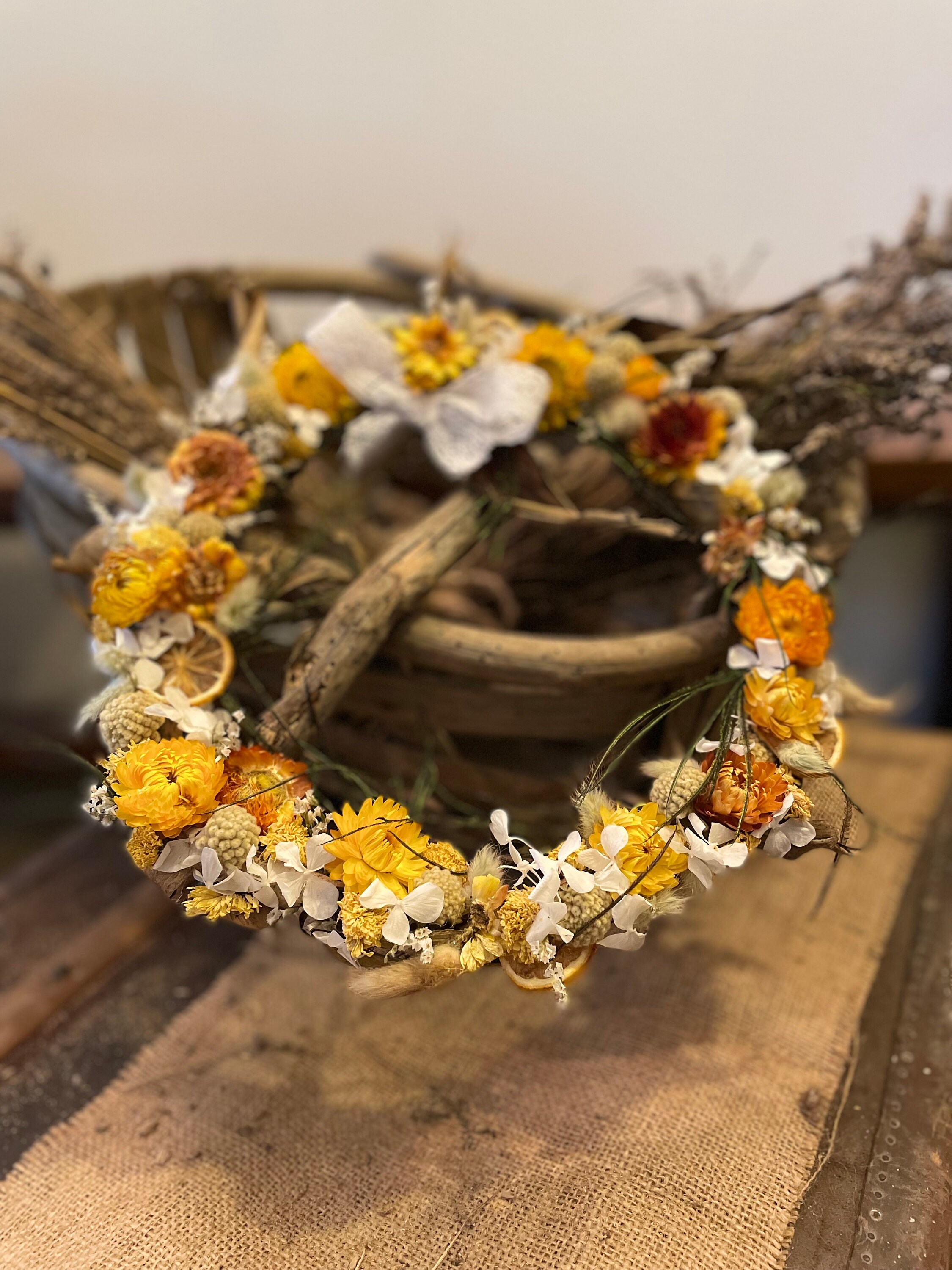 Couronne Fleurs Séchées Champêtre Jaune