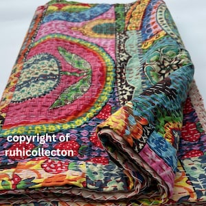 Indian Kantha Quilt Handmade Kantha Bedcover Hippie Kantha Bedspread Throw Cotton Blanket Gudari Kantha Twin King Size Boho Bedding Quilt