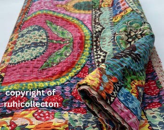 Indian Kantha Quilt Handmade Kantha Bedcover Hippie Kantha Bedspread Throw Cotton Blanket Gudari Kantha Twin King Size Boho Bedding Quilt