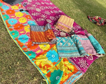 Old Vintage Assorted One Piece, Handmade Reversible Blanket Throw, Kantha Quilt, Cotton Fabric Bohemian Quilt, Quilting Bedcover