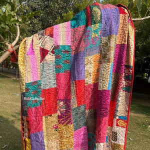 Handmade Silk Kantha Quilt: Vintage Patchwork Bedspread, Bohemian Blanket
