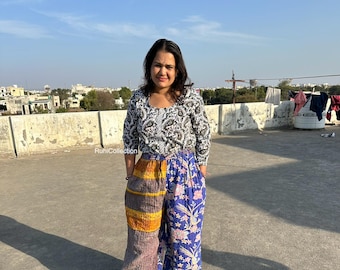 Vintage Kantha Patchwork Palazzo Pants – Handmade Boho Trousers, Upcycled Cotton Pants with Pockets, Hippie Wide-Leg Sustainable Fashion
