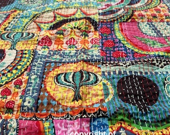 Indian Kantha Throw, Indian Cotton Kantha Quilts, Kantha Bedspread , 100% cotton, Handblock Kantha Quilt,Gudari Cotton