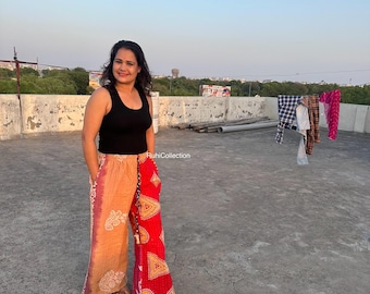 One of a Kind Kantha Palazzo Pants with Pockets, Plus Size Vintage Upcycled Cotton Wide Leg Flowy Tiered Pant,Sustainable Boho