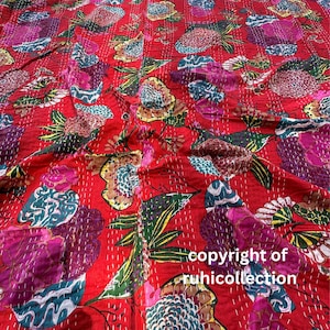 RED Peacock Birds Hand Printed kantha quilt, throw vintage bedspread, Decorative kantha, cotton blanket, gift for her, Christmas day gifts