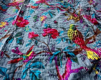 Copriletto Kantha fatto a mano indiano Twin Queen Size Coperta in cotone Coperta Copriletto Quilting Boho Bedding Trapuntato Boho Gudari Lenzuola