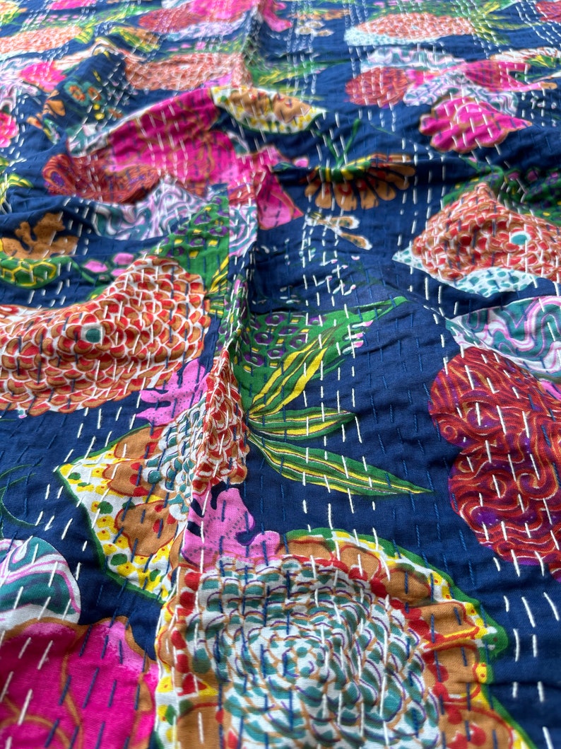 Green Kantha Quilt in Queen Size Bohemian Kantha Blanket Indian Handmade Kantha Bedding Coverlets Quilts For Sale and Gifts Quilted Covers Niebieski