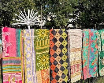 Old Vintage Assorted One Piece, Handmade Reversible Blanket Throw, Kantha Quilt, Cotton Fabric Bohemian Quilt, Quilting Bedcover