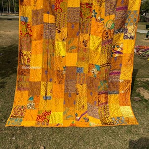 Multi Recycled Indian Sari Patchwork Blanket,Handmade Kantha Quilt