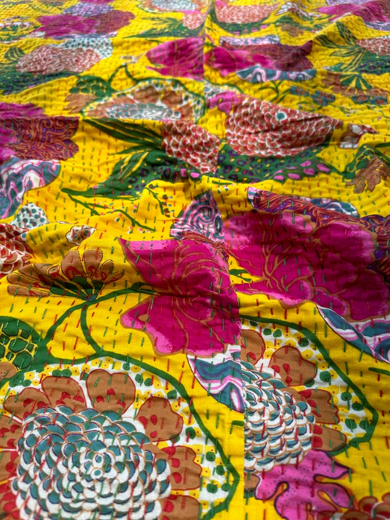 Couette kantha verte grande taille couverture kantha bohème indienne faite à la main de literie kantha couvertures courtepointes à vendre et cadeaux housses matelassées Jaune