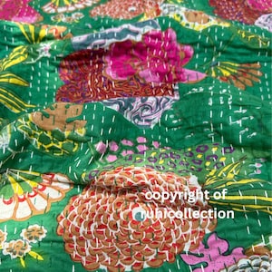 Green Kantha Quilt in Queen Size Bohemian Kantha Blanket Indian Handmade Kantha Bedding Coverlets Quilts For Sale and Gifts Quilted Covers
