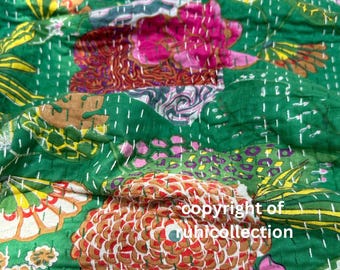 Green Kantha Quilt in Queen Size Bohemian Kantha Blanket Indian Handmade Kantha Bedding Coverlets Quilts For Sale and Gifts Quilted Covers
