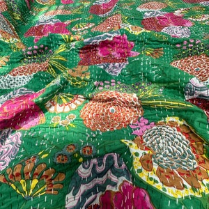 Green Kantha Quilt in Queen Size Bohemian Kantha Blanket Indian Handmade Kantha Bedding Coverlets Quilts For Sale and Gifts Quilted Covers