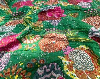 Green Kantha Quilt in Queen Size Bohemian Kantha Blanket Indian Handmade Kantha Bedding Coverlets Quilts For Sale and Gifts Quilted Covers