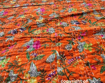 Handmade Kantha Floral Print Kantha Quilt Cotton Kantha Blanket hand Block Kantha Bedspread Bohemian Kantha Throw Bed cover Twin Coverlet