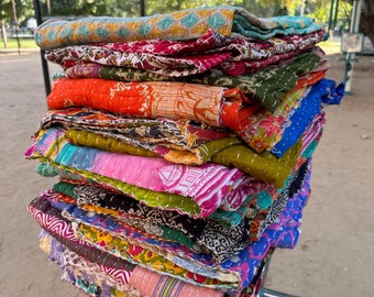 Lot de gros lot d'édredon kantha vintage indien fait main jeté couverture réversible couvre-lit coton tissu boho couette