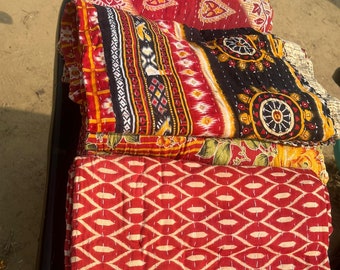 Vintage Assorted One Piece, Handmade Reversible Blanket Throw, Kantha Quilt, Cotton Fabric Bohemian Quilt, Quilting Bedcover