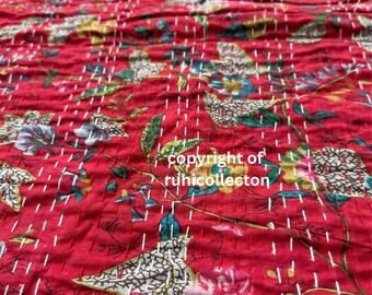 Indian Kantha Quilt Handmade Print Kantha Throw Indian Blanket Queen Bedspread Kantha Bed Cover Bohemian Quilt Queen Size Quilt