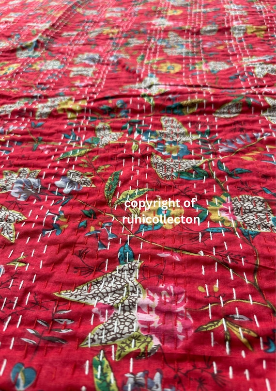 Indian Kantha Quilt Handmade Print Kantha Throw Indian Blanket Queen Bedspread Kantha Bed Cover Bohemian Quilt Queen Size Quilt