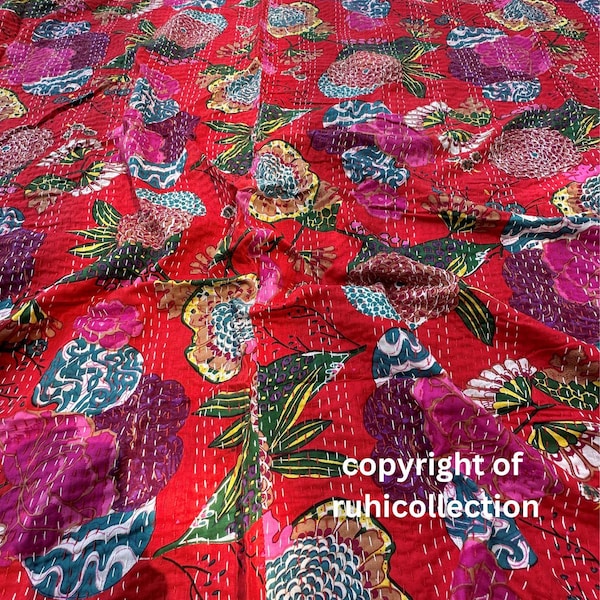 Edredones Kantha, manta con estampado floral indio bohemio, decoración bohemia, colcha de tamaño doble, manta con estampado floral negro hecha a mano, Ralli
