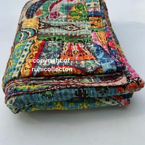 Best Price Handmade Peacock Blue Hand Print Cotton kantha quilt, throw vintage bedspread, queen kantha, cotton kantha blanket, gift for her