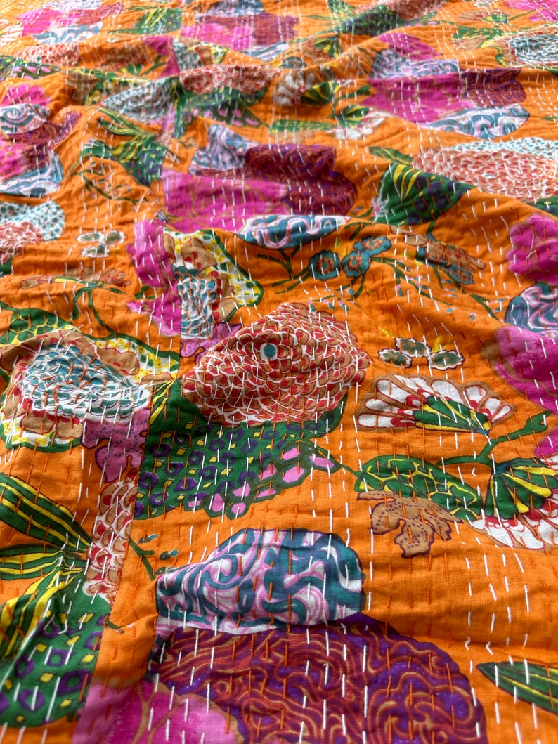 Green Kantha Quilt in Queen Size Bohemian Kantha Blanket Indian Handmade Kantha Bedding Coverlets Quilts For Sale and Gifts Quilted Covers Orange