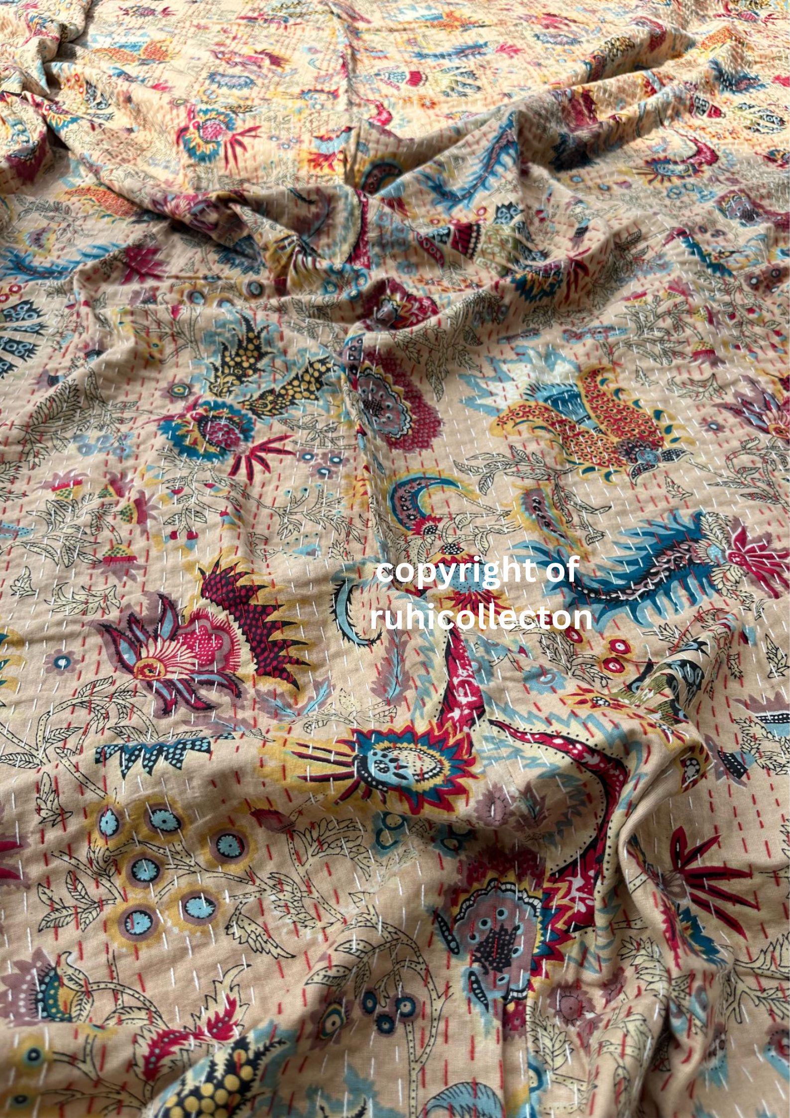 Indian Kantha Quilt Handmade Kantha Bedcover Bedding Kantha Bedspread Throw Cotton Blanket Gudari Kantha King Size Hand Stitched Sofa Quilts