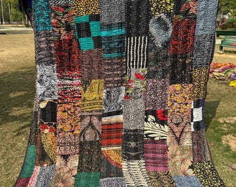 Handmade Kantha Quilt: Floral Patchwork Indian Bedspread