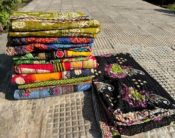 Lot de gros lot d'édredon kantha vintage indien fait main jeté couverture réversible couvre-lit coton tissu boho couette