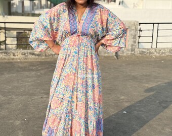 Silk Boho Maxi Dress: Deep V-Neck, Floral Print,