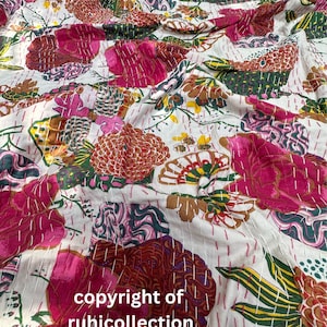 Indian Handmade Kantha Quilt Throw Fruit Printed King Size Cotton Kantha Bedspread Throw Bedcover 108x90 inch