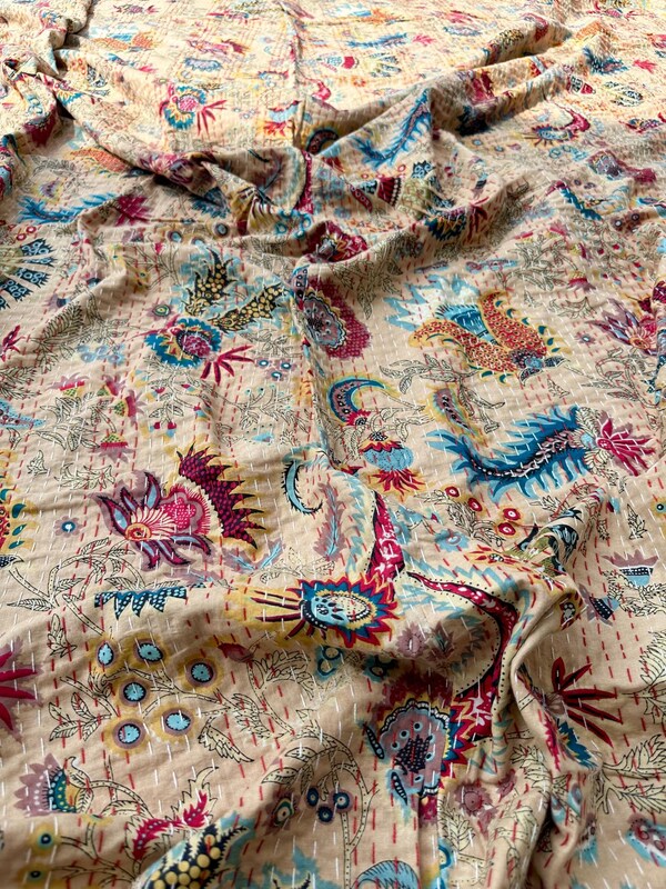 Beautiful Floral Print Kantha Quilt Indian Hand Block Print Kantha