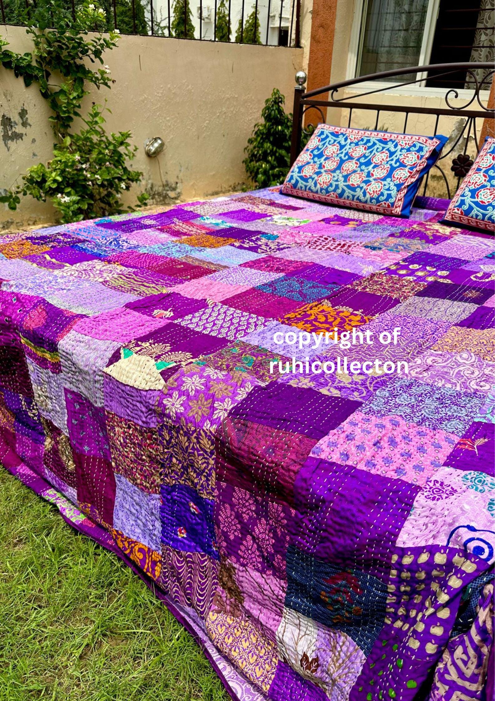Trapunta Kantha con stampa di frutta: copriletto in cotone fatto a mano in stile bohémien - Italia