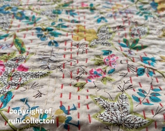 Bohemian Decor Indian Handmade Quilt Cotton Throw Coverlets Hippie Stitched Bedspread Boho Floral Paradise Bedcover Reversible Queen Quilt