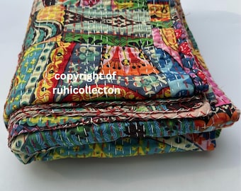 Bohemian Decor Bedding Indian Quilt Cotton Throw Coverlets Hippie Stitched Bedspread Boho Floral Paradise Bedcover Reversible Handmade Quilt