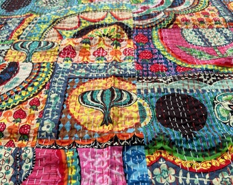 Indian Multi Color Cotton Handmade Kantha Bedspread All Sizes Bohemian Bedding Covers Throw Blanket Quilted Hand Stitched Quilting