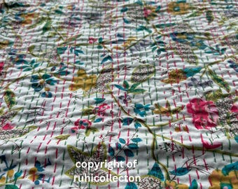 Kantha Bedcover Indian Cotton Paradise Bedcover Bohemian Decor Bedding Handmade Cotton Blanket Large Decor Bedding Twin Flora Print Gudri