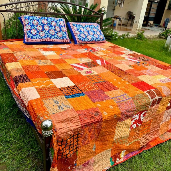 Bohemian Orange Patchwork Quilt Kantha Quilt Handmade Vintage Quilts Boho King Size Bedding Throw Blanket Bedspread Quilting Hippie Quilts