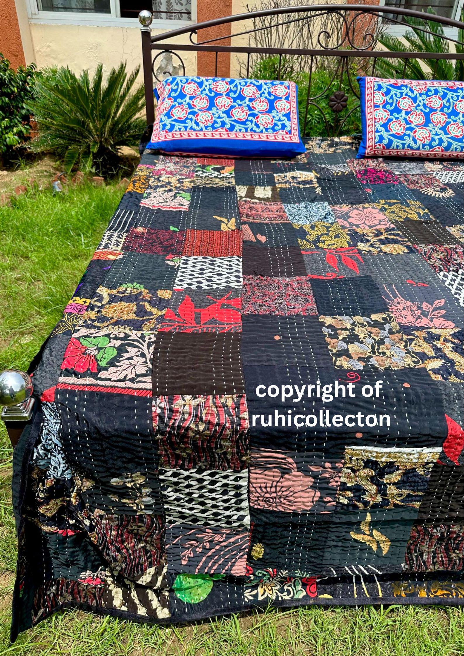 Vintage Kantha Throw Indian Sari Patchwork Quilt - A Wedding Gift