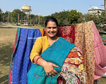 Scarves Indian Art silk shawls kantha scarf for women Quilt scraps Hippie Boho Vintage Handmade Scarf