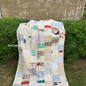 Recycled Indian Sari Silk Patchwork Blanket,Handmade Kantha Quilt