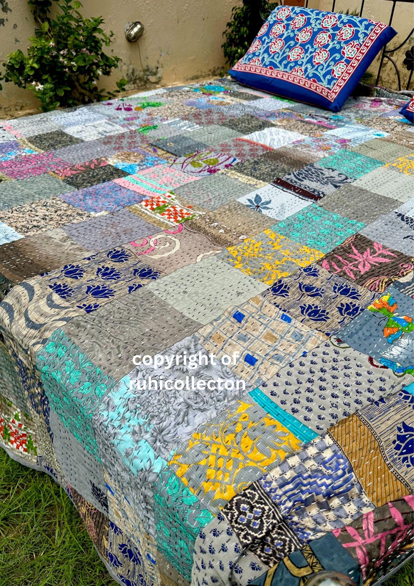 BLANDO 1 Piece Handmade Indian Vintage Kantha Quilts Reversible Bohemian Home Decor Blanket Assorted Color Twin Size 85x55 Inches Multicolor%2f