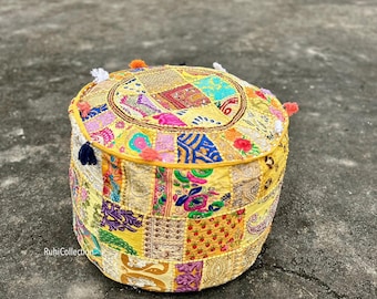 Handmade Patchwork Codework Beige Round Ottoman Pouf Cover| Comfort is Everywhere| Beautiful Indian Design for Home Decor.