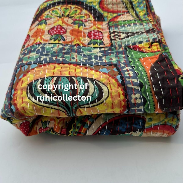 Edredón Kantha indio hecho a mano, tamaño Queen, estampado tradicional, manta Gudari, colcha, cubrecama, tamaño doble