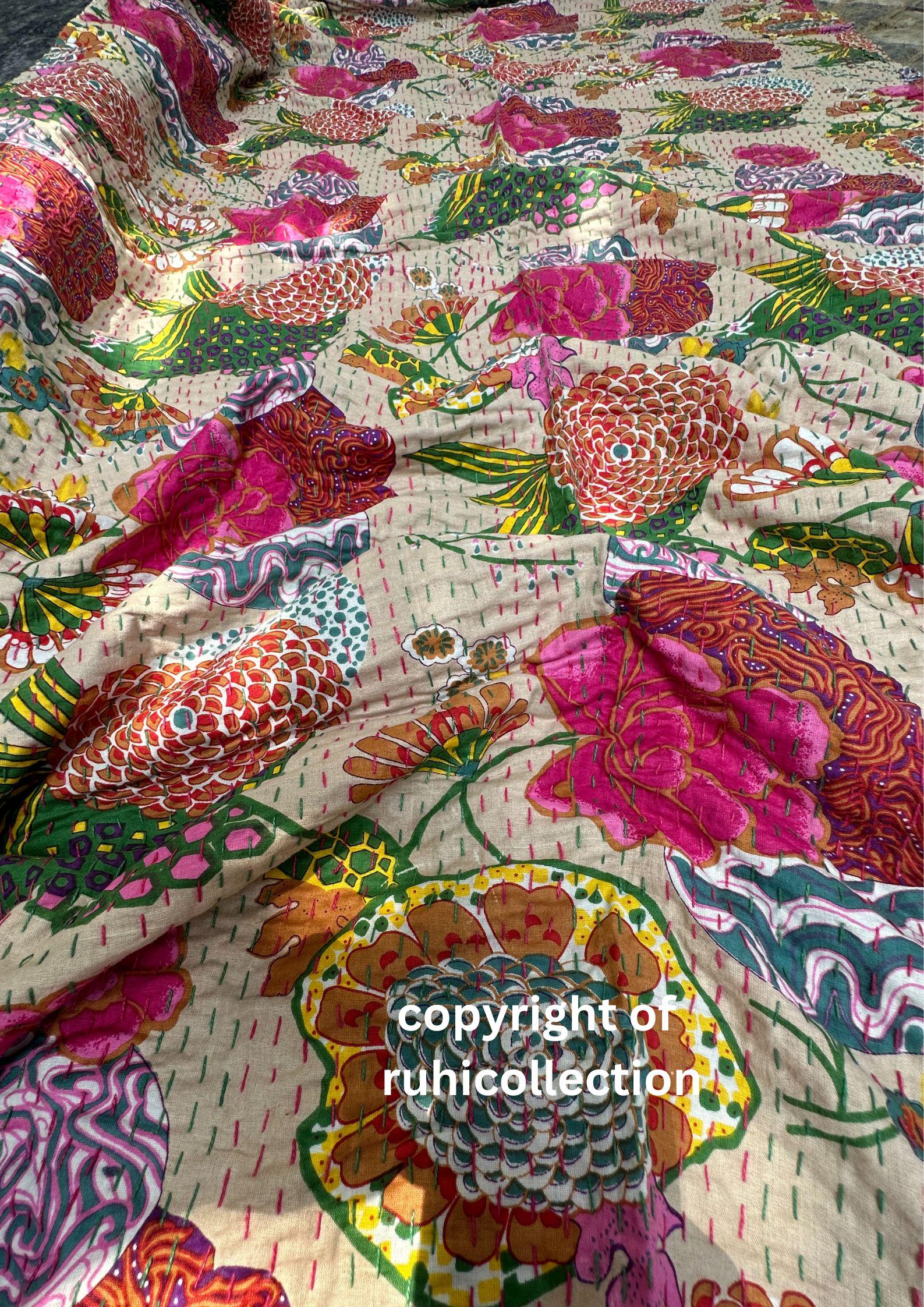 Edredón bohemio, ropa de cama bohemia, edredón kantha, edredón de algodón hecho a mano, decoración del hogar, manta para sofá, colcha Kantha