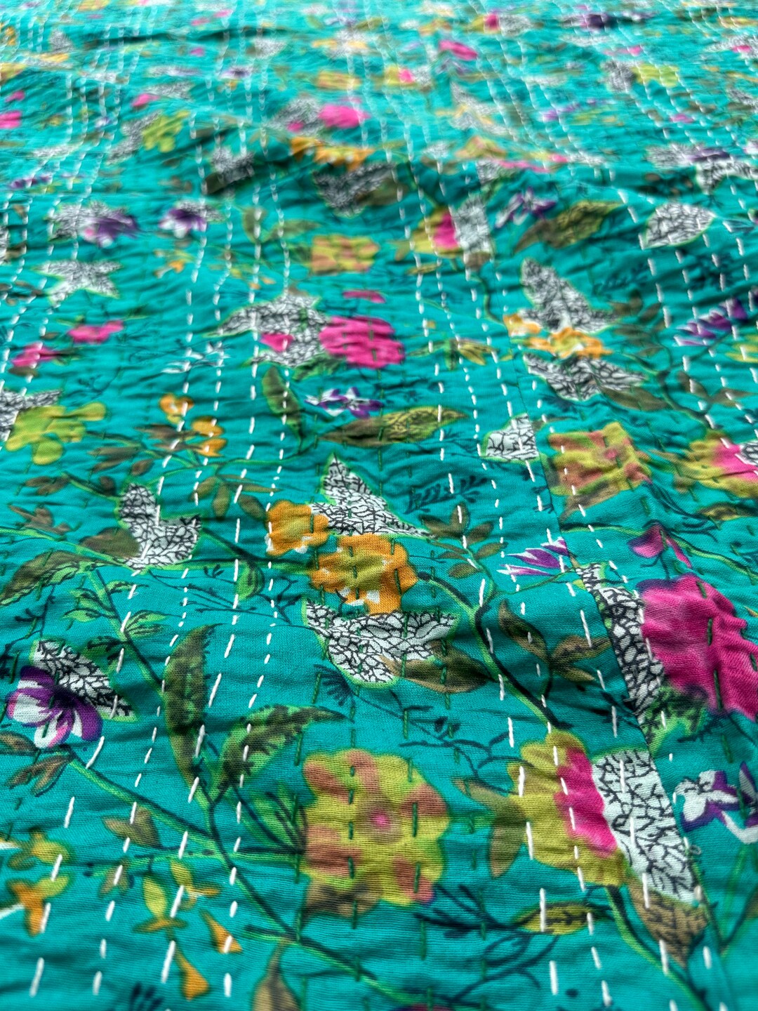 Indian Kantha Quilt Handmade Kantha Bedcover Throw Cotton Blanket Gudari King Print Kantha Twin