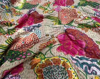 Kantha Quilts Bohemian Indian Floral Print Blanket Boho Décor Double Size Bedspread Handmade Black Floral Print Throw Blanket Ralli