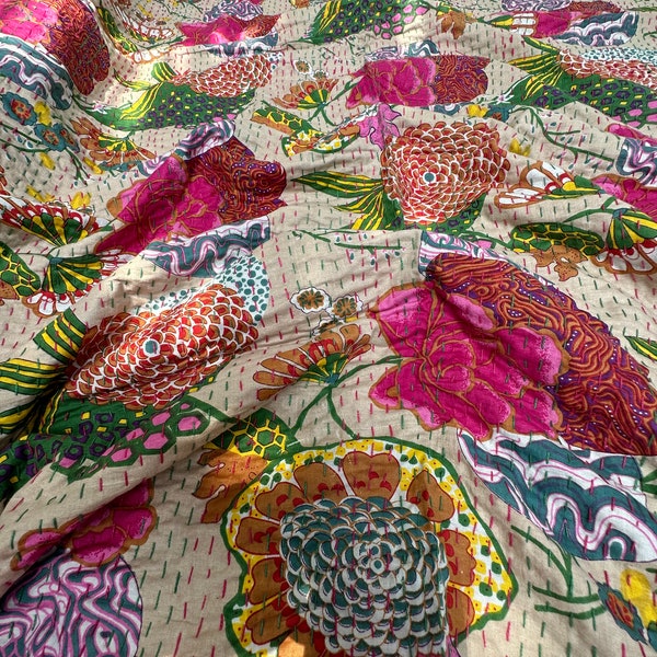 Kantha Quilts Bohemian Indian Floral Print Blanket Boho Décor Double Size Bedspread Handmade Black Floral Print Throw Blanket Ralli