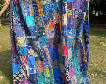 ハンドメイドパッチワークカンタキルト：ボヘミアン風リサイクルサリー